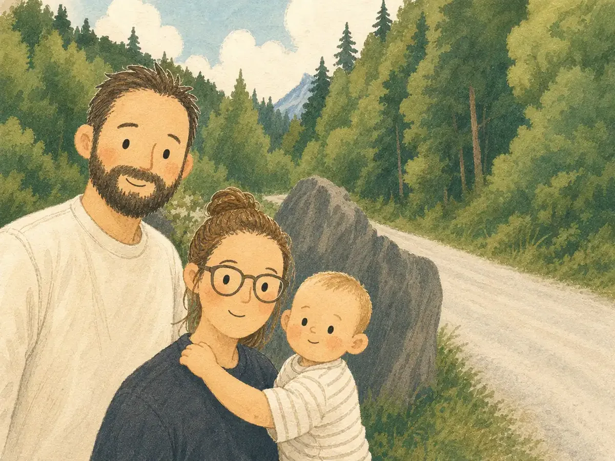 Illustration einer Familie mit Baby auf einem Waldweg
