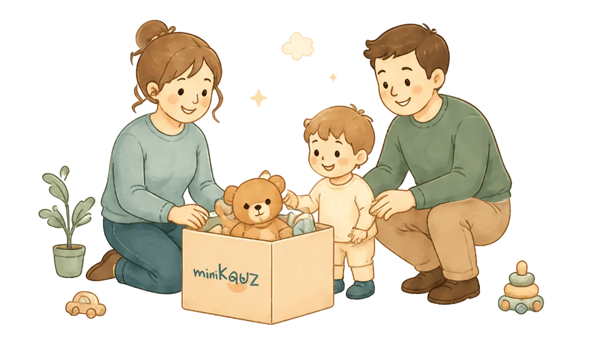 Familie packt gemeinsam Baby- und Kindersachen aus