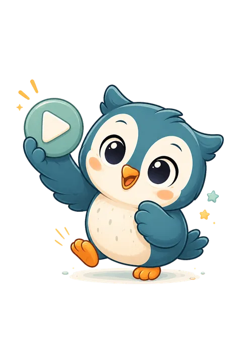 minikauz Maskottchen mit Startsymbol